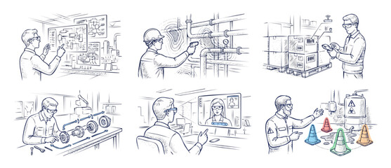Obraz premium Industrial augmented reality smart glasses used by workers in factory setting, featuring engineers interacting with virtual interfaces for logistics scanning, machinery maintenance and safety training