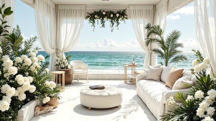 Fototapeta premium Serene Beachside Lounge with Tropical Plants and Ocean View