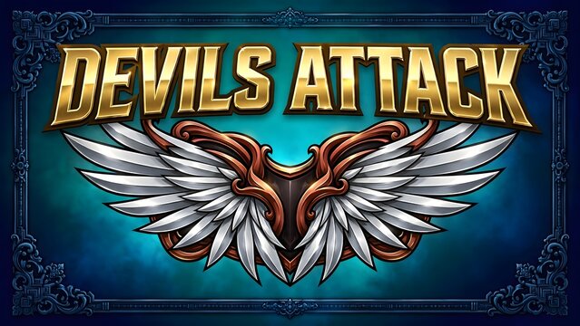 Devils Attack lettering with ornate wings design on a teal and gold background