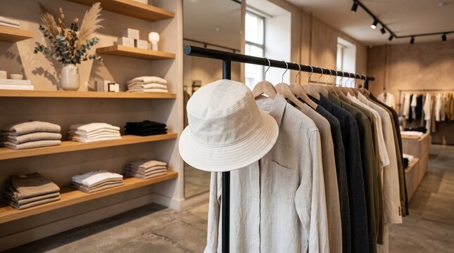 Blank bucket hat mockup displayed on a minimalist clothing rack in a modern fashion boutique beside neutral apparel. Clean retail branding and apparel display concept.