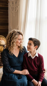 Woman and boy looking at each other, warm embrace, symbolizing family bond, love, and connection, perfect for lifestyle or relationship themes
