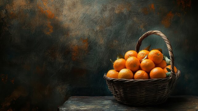 A rustic wicker basket overflowing with vibrant, fresh oranges against a dark, textured background.