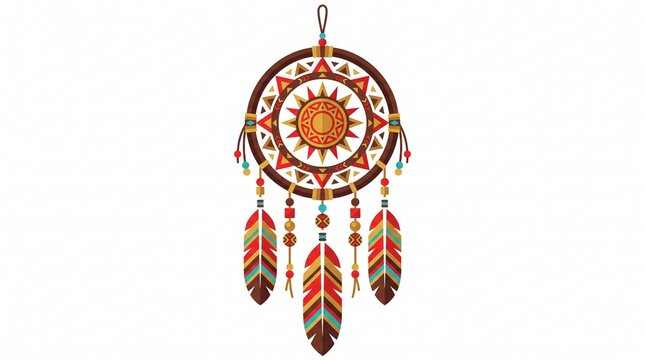 Bohemian dreamcatcher with tribal feathers and sun motif, ethnic dream catcher illustration, native american style spiritual talisman on white background
