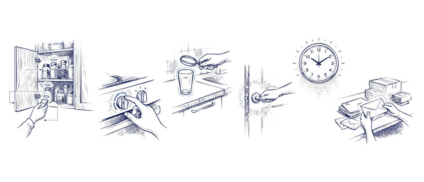 OCD Checking Rituals Line Art Illustration showing obsessive compulsive disorder symptoms, anxiety checking door lock, stove knob, cabinet, magnifying glass, and clock in navy blue sketch style.