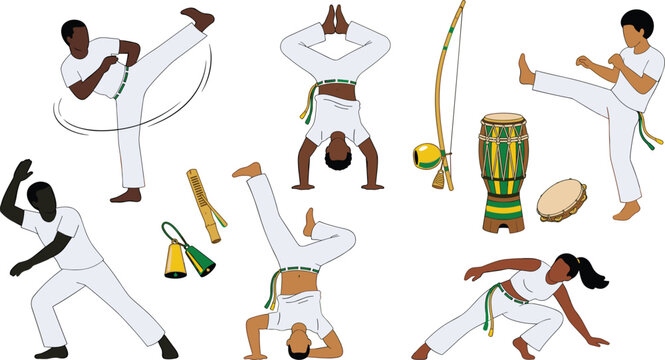 Brazilian Capoeira Martial Arts Vector Illustration Set with Dancers Acrobatics Poses Berimbau Atabaque Drum and Traditional Instruments