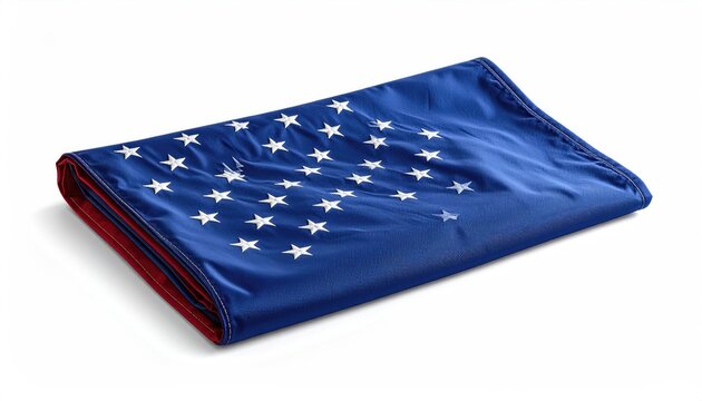 Folded blue fabric with many white stars, edged in red