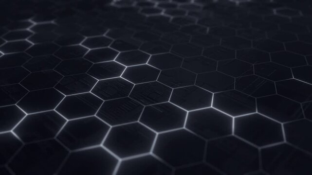 White color glowing glass hexagonal shapes with circuit board hi tech design black technology background
