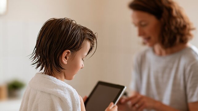 Child using tablet with mother nearby
