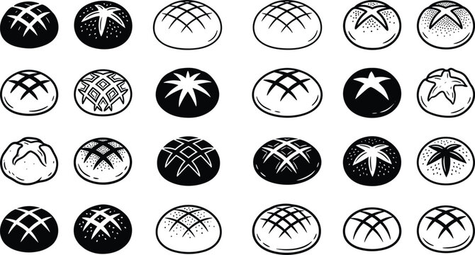 Artisanal Bread Loaf Line Art and Silhouette Icon Set with Scoring Patterns for Bakery Branding Cafe Menus Pastry Shops and Culinary Designs