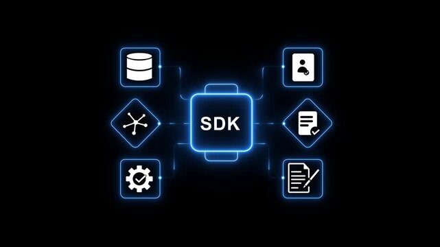 SDK - Software Development Kit on a circuit board . 4k motion video. on transparent background. Software Development Kit S D K for Secure Global Technology Solutions security