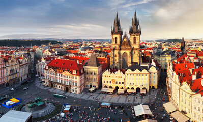 Obraz premium Prague, Czech Republic. Panoramic sunset view at Church of Our Lady Before Tyn the Old Town Square Praha city. Evening in prague, popular travel destination Europe