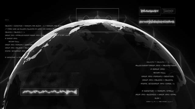 White color global connection lines network data transfer satellite communication with data analytics dashboard display infographics hi tech design black technology background