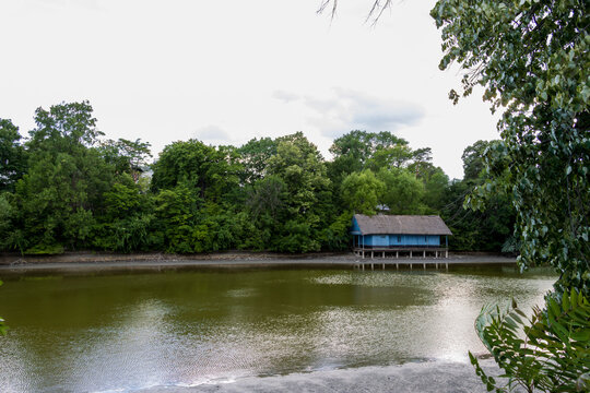 Drained Herastrau Lake in Bucharest during maintenance and repair works
