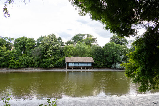 Drained Herastrau Lake in Bucharest during maintenance and repair works