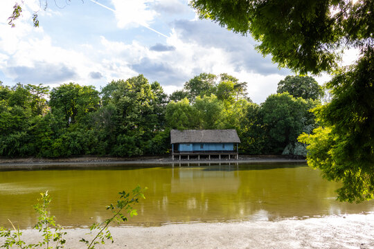 Drained Herastrau Lake in Bucharest during maintenance and repair works
