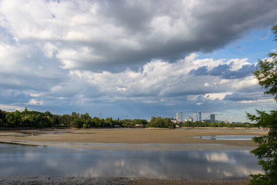 Drained Herastrau Lake in Bucharest during maintenance and repair works