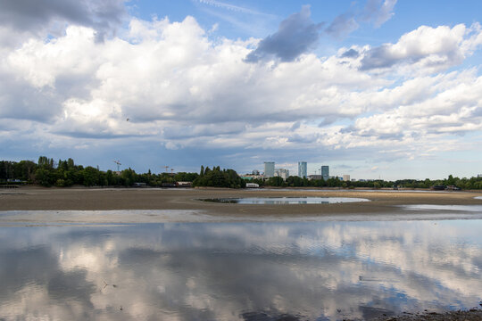 Drained Herastrau Lake in Bucharest during maintenance and repair works