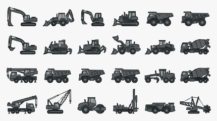 Dynamic Collection of Monochromatic Heavy Construction Equipment Icons for Industrial Design Projects © Budi