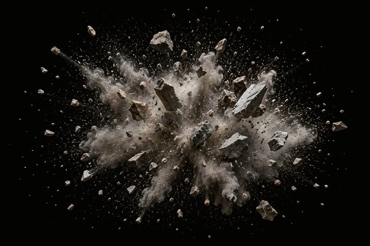 Chunks of stone, rock, and dust exploding violently outward against a black background.
