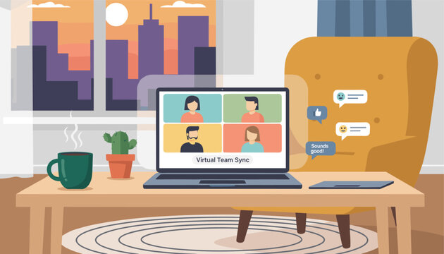 Home office workspace scene with a laptop displaying a virtual team sync video call during a beautiful sunset.
