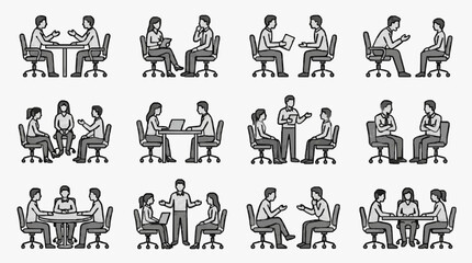 Fototapeta premium Dynamic Black and White Illustrations of Diverse Business Meeting Scenarios with Office Chairs Tables and Laptops