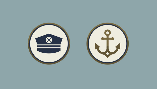 Two circular marine nautical badges displaying a dark blue captain hat and a classic metallic anchor icon on a gray background.