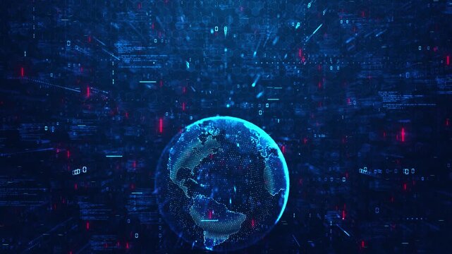 Futuristic earth code grid background glowing blue planet, hex patterns, and scattered digital symbols. for global business videos, data science visuals, security dashboards, and tech overlays.