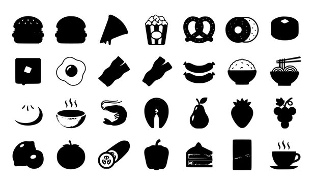 food, icon, flat, vector, burger, pizza, sandwich, fries, taco, burrito, donut, cupcake, bread, cheese, sushi, ramen, steak, fish, salad, apple, banana, orange, avocado, carrot, broccoli, coffee, milk