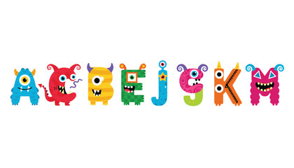 Fototapeta premium Cute monster style alphabet letter collection featuring letters A, C, B, E, J, S, K, and M in colorful and playful characters.
