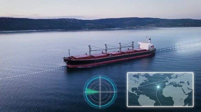 Cargo dry bulk ship in sea with AI Logistic and transportation technology. International import export trade dry cargo