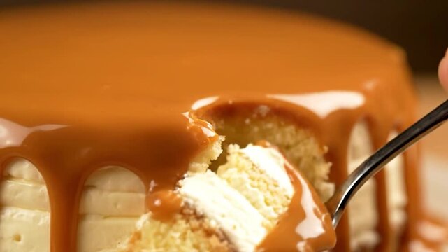 Delicious Caramel Cake Slice Being Served with a Spoon, Close-up Dessert.