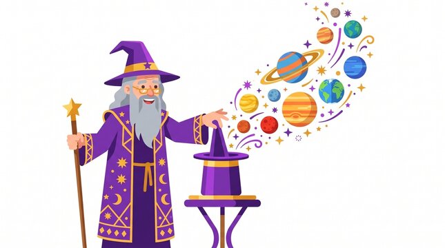 Magical wizard character with solar system planets, sorcerer performing magic tricks with top hat, fantasy universe and astronomy concept
