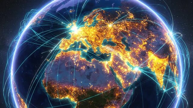 A glowing digital network connects the planet in deep space