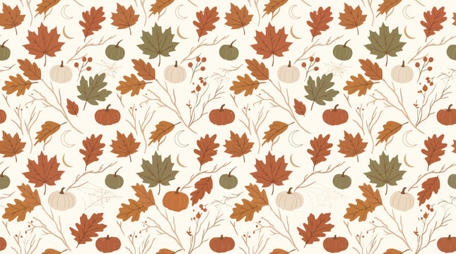 Seamless autumn botanical pattern with fall leaves twigs and mini pumpkins