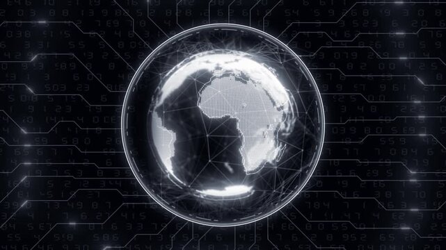 White color glowing globe HUD UI data transfer with binary code futuristic design black technology background