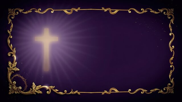 Shimmering Christian cross radiating spiritual light encompassed by an elegant golden baroque frame on a majestic purple canvas