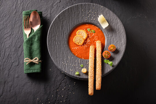 Exclusive and aromatic tomato soup as elegant fine dish.
