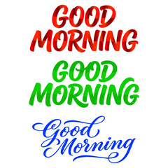Naklejka premium Good Morning lettering text set with 3D red, green gradient and blue calligraphic script typography isolated on white background