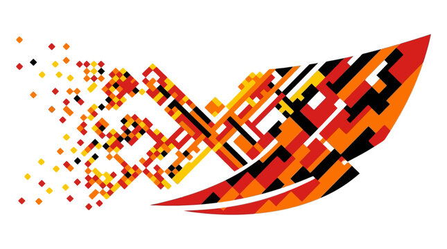 Pixelated orange shark fin abstract graphic with geometric fragments