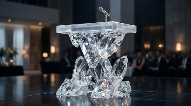Crystal podium with microphone for public speaking and presentation
