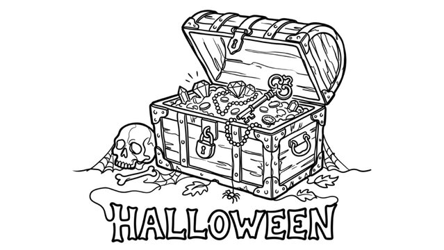 Halloween Treasure Chest One Line Art with Magical Smoke, Jewels, Skeleton Keys and Spooky Ornaments Vector