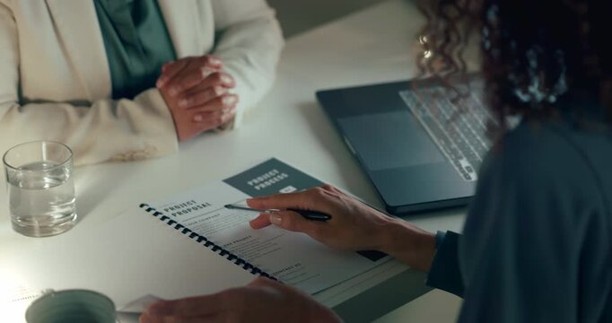 Hands, marketing and documents at business meeting for professional feedback and analysis of work. Corporate workers talk about project proposal feedback, strategy and idea together in the office.