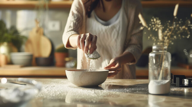 young beautiful woman pouring powder in the bowl