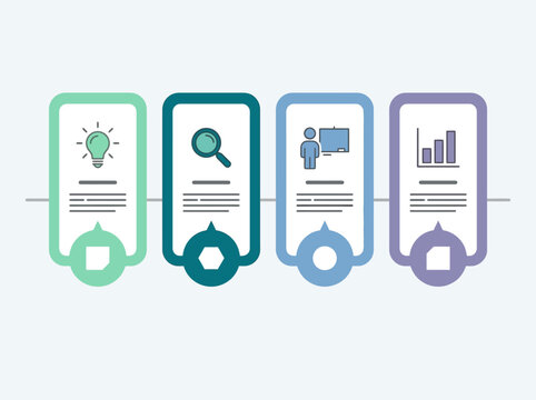 Modern 4-step business infographic template featuring workflow icons for strategy, research, presentation, and data analysis.