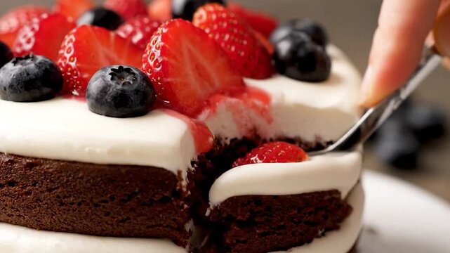 Delicious Chocolate Berry Cake Slice Being Eaten with a Fork, Close-up Dessert.