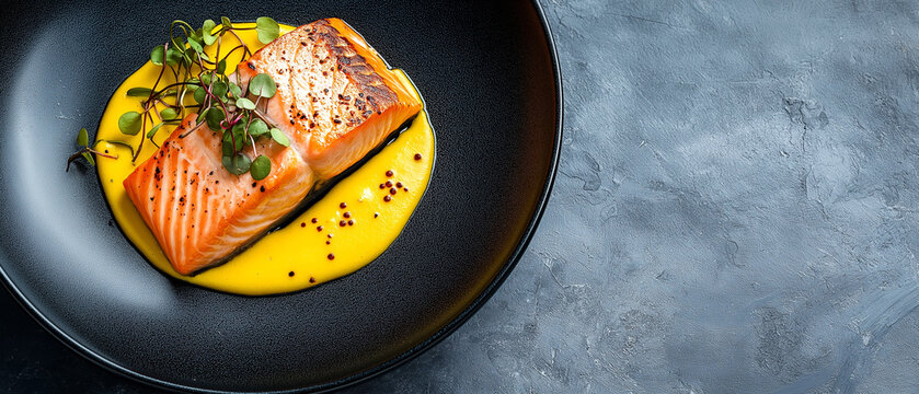Seared salmon fillet served with microgreens and saffron sauce in a restaurant setting during lunchtime