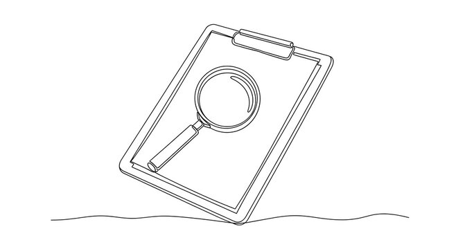 A continuous line drawing of a clipboard with a magnifying glass examining it