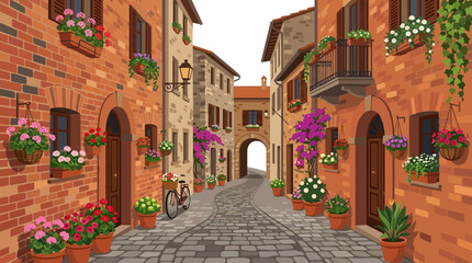 Fototapeta premium Charming Italian Street Scene with Flowers and Cobblestones