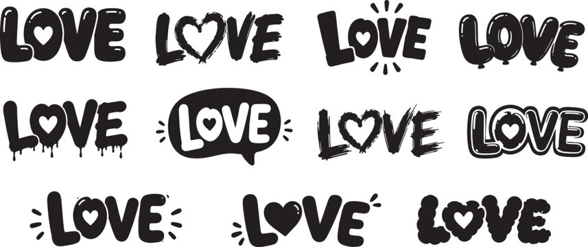 Love typography lettering vector set with heart shapes, hand drawn romantic text collection for Valentine greeting cards, wedding, stickers and social media designs, concept of romance and affection