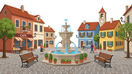 Charming European town square with fountain and bustling street life. © Iffa